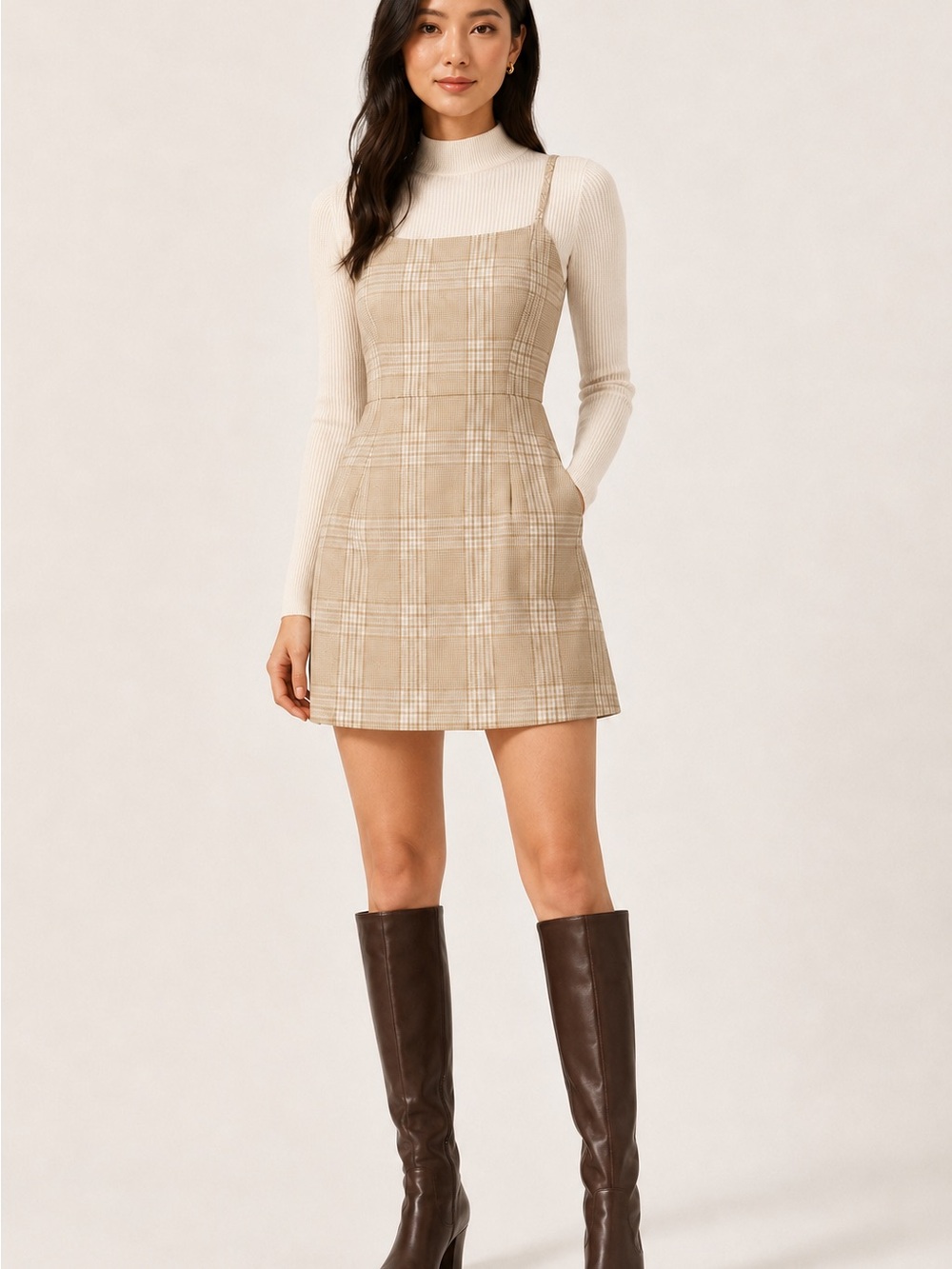 Aritzia Wilfred Isabelle Plaid Mini Dress Tan Size 0